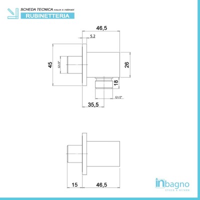 Scheda tecnica presa acqua a muro quadrata con design moderno in ottone cromato