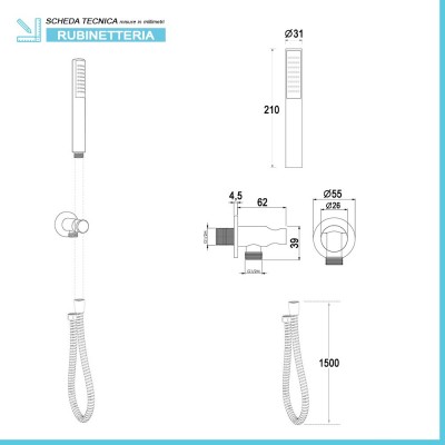 Scheda tecnica set doccia tondo cromo con doccino ABS, presa acqua e flessibile in acciaio 150 cm