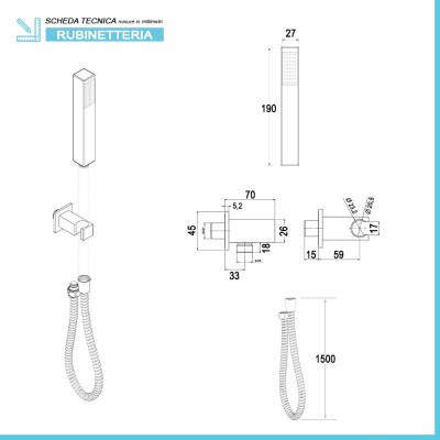 Scheda tecnica set doccia quadrato cromo doccino in ABS presa acqua e flessibile 150 cm