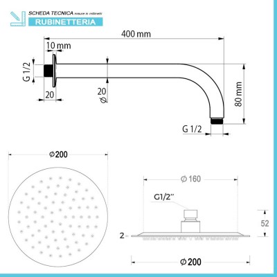 Scheda tecnica braccio doccia da 40 cm e soffione regolabile a 360 gradi da 20 cm