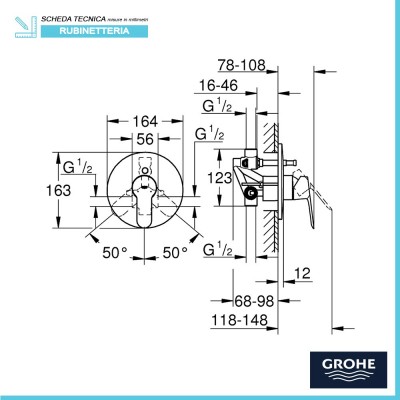 Grafico tecnico miscelatore doccia a incasso con deviatore a 2 vie del set Bauedge