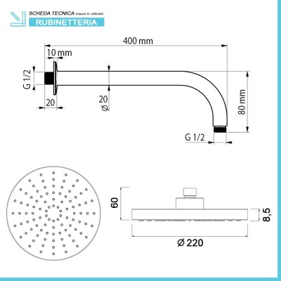 Scheda tecnica braccio doccia e soffione Flat