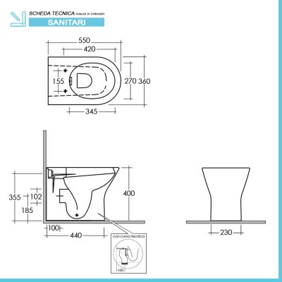 Scheda tecnica water filomuro Feeling senza brida in grigio opaco con copriwc softclose