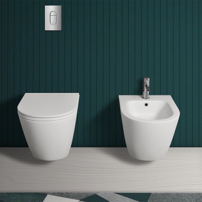 Coppia sanitari sospesi serie Feeling rimfree in bianco opaco con copriwater rallenty