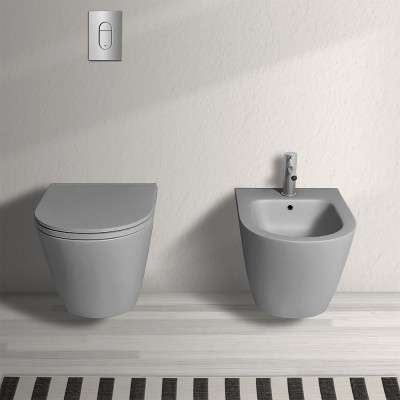 Coppia sanitari sospesi serie Feeling rimfree in grigio opaco con copriwater rallenty