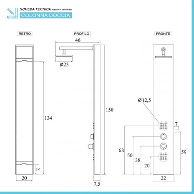 Scheda tecnica colonna doccia idromassaggio in acciaio inox 3 funzioni effetto pietra
