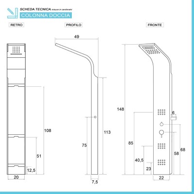 Scheda tecnica colonna doccia idromassaggio in acciaio inox con 4 funzioni marmo