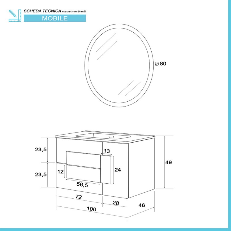 Mobile Bagno Sospeso Urban Effetto Legno 100x47 Cm Con Specchio Tondo