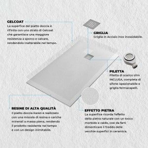 Funzionalità tecniche piatto doccia su misura 90x120 Karen in resina bianco effetto pietra