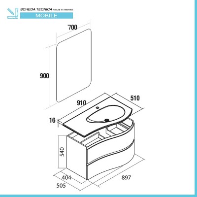 Scheda tecnica mobile bagno sospeso 90 Melody bianco opaco con vasca e specchio