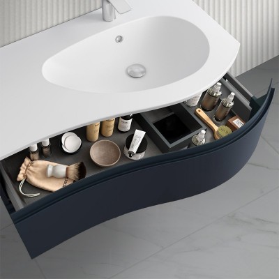 Mobiletto bagno sospeso 90 Melody blu navy con vasca decentrata e specchio