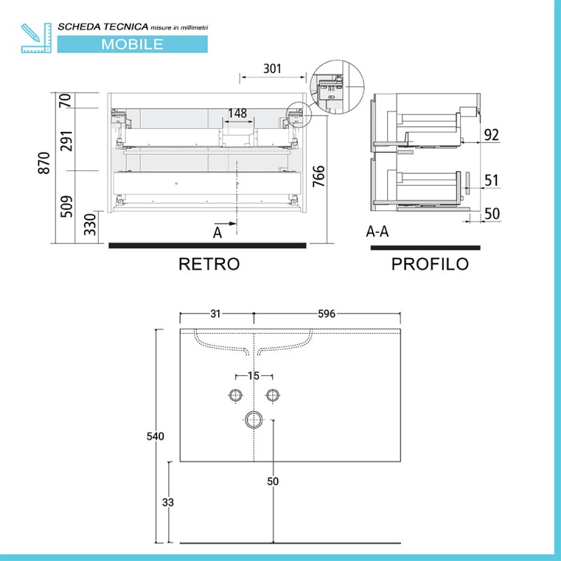 Mobile bagno sospeso 90 Melody cappuccino completo di vasca e specchio