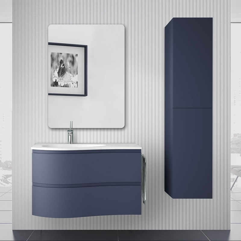 Mobile bagno sospeso 90 cm Melody blu navy con vasca a sinistra