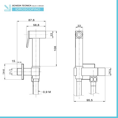 Scheda tecnica idroscopino quadrato in ottone cromato con tubo flessibile silver