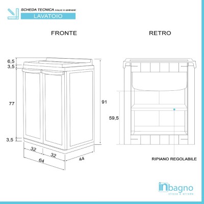 Scheda tecnica mobile lavatoio salvaspazio 60x45 bianco con vasca e ripiano interno