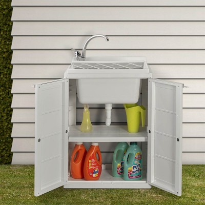 Mobile lavatoio lavanderia compatto 60x45 cm bianco completo di vasca in resina e ripiano interno regolabile