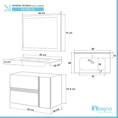 Scheda tecnica mobile da bagno sospeso Oxid 90 cm effetto pietra con lavabo e specchio