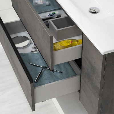 Arredo bagno sospeso da 90 cm Oxid effetto pietra completo di lavandino e specchio a parete