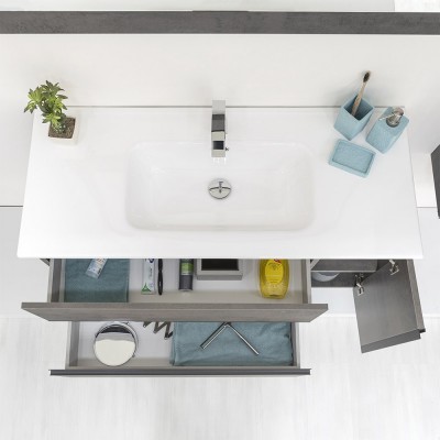 Mobile per bagno sospeso 90 cm effetto pietra Oxid con lavandino e specchiera inclusi