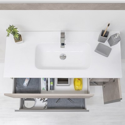 Arredo bagno sospeso 110 cm effetto pietra beige con lavandino in ceramica bianca lucida