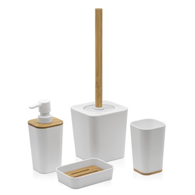 Set completo accessori bagno da appoggio in finitura bianca opaca con dettagli in bamboo