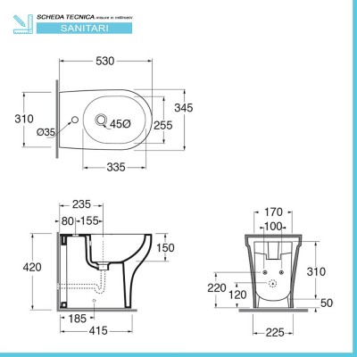 Scheda tecnica bidet Azzurra serie Pratica in ceramica bianca lucida