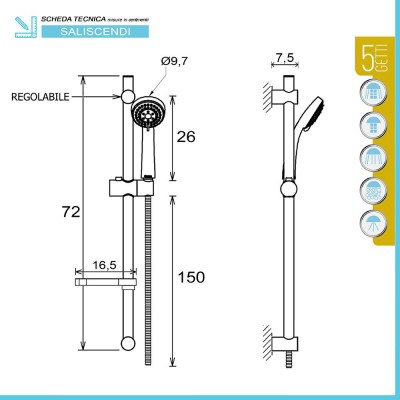 Scheda tecnica saliscendi per doccia con doccetta 5 funzioni e portasapone