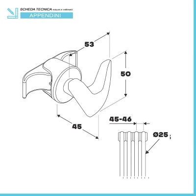 Scheda tecnica set appendini a 2 ganci in ABS Bianco per Termosifone Tubolare