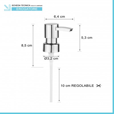 Scheda tecnica ricambio pompa dispenser sapone in finitura cromo con design squadrato