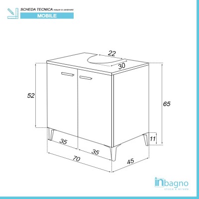 Scheda tecnica mobile sotto lavabo bagno 70 cm larice con 2 ante e piedini cromati