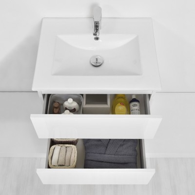 Arredo bagno sospeso Duble da 60 cm bianco lucido completo di lavandino e specchiera bagno reversibile