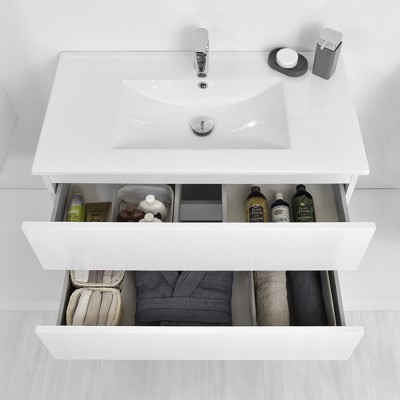 Arredo bagno sospeso Duble da 90 cm bianco lucido completo di lavandino e specchiera