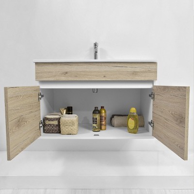 Arredo bagno sospeso da 90 cm Duble rovere africa con lavabo e specchio