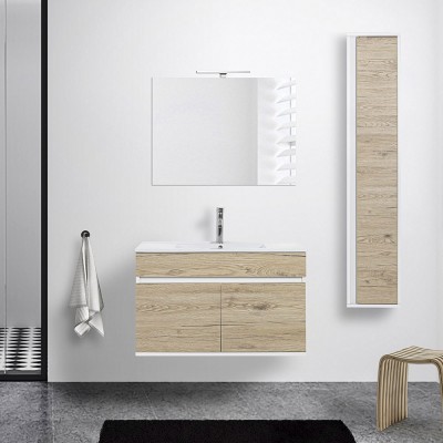 Mobile salvaspazio bagno da 90 cm Duble rovere africa completo di lavandino e specchio filo lucido