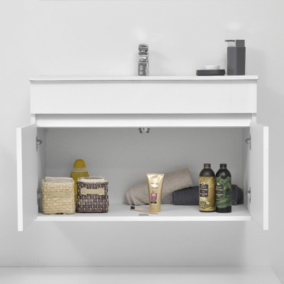 Arredo bagno sospeso da 90 cm Duble bianco lucido con lavabo e specchio