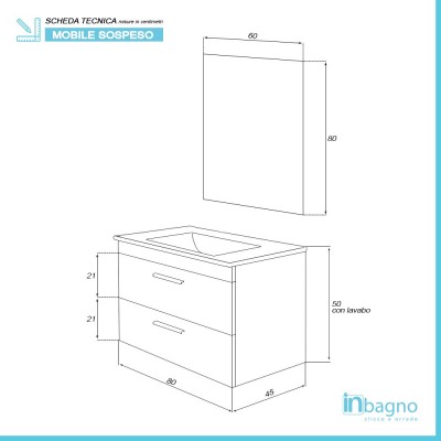 Scheda tecnica mobile bagno sospeso moderno 81x50 cm bianco con 2 cassetti rallentati