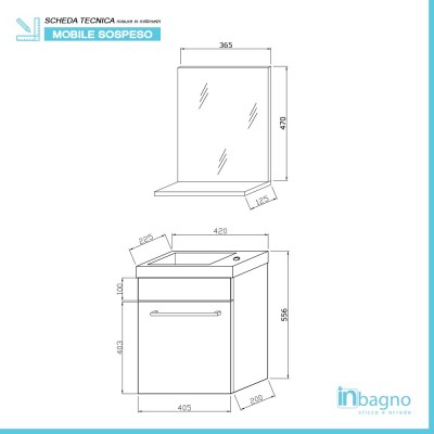 Scheda tecnica arredo bagno sospeso 40 cm rovere bianco con lavabo e specchio inclusi