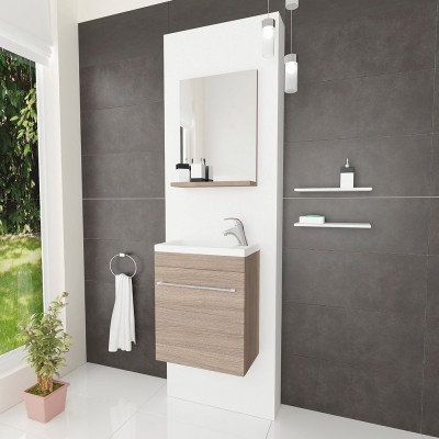 Mobile da bagno salvaspazio 40 cm rovere fumo con specchio e lavandino incluso