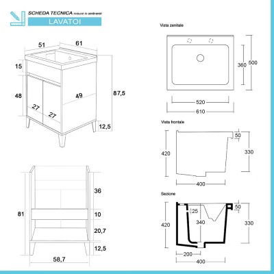 Scheda tecnica mobile lavatoio 60x50 cm linea Way bianco lucido con vasca in ceramica