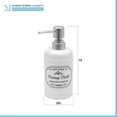 Scheda tecnica dispenser sapone in ceramica bianca con stampe a contrasto nere stile vintage