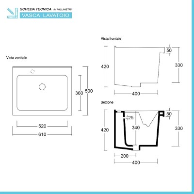 Scheda tecnica vasca lavatoio in ceramica 60x50 da incasso con foro miscelatore a sinistra