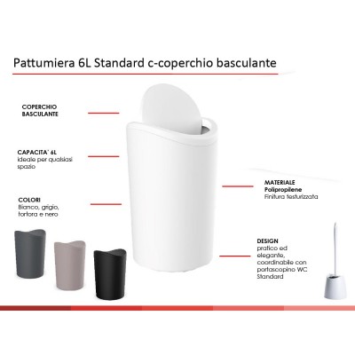 Caratteristiche tecniche cestino portarifiuti in polipropilene grigio 6lt con coperchio basculante