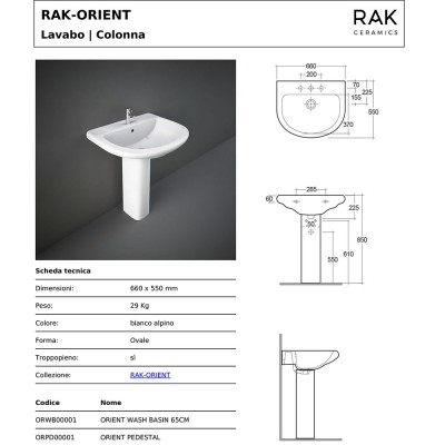 Lavamani a colonna Rak serie Orient in ceramica bianca lucida