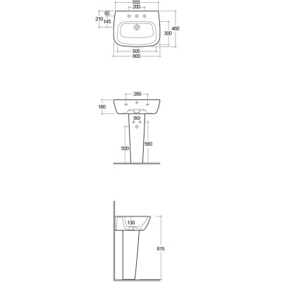 Scheda tecnica lavandino con colonna Rak serie One in ceramica bianca lucida