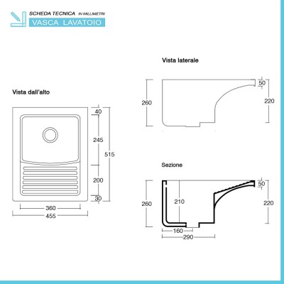 Scheda tecnica vasca lavatoio in ceramica bianca 45x50 cm da incasso con strofinatoio integrato