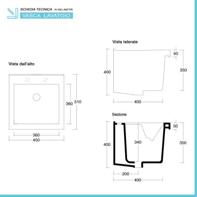 Scheda tecnica vasca lavatoio da incasso 45x50 in ceramica con predisposizioni per miscelatore