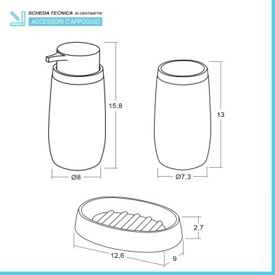 Scheda tecnica dispenser sapone liquido, portaspazzolino e portasaponetta serie Blob