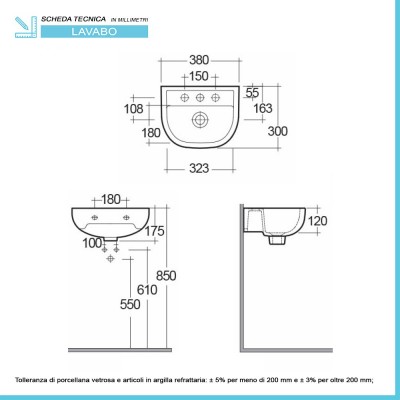 Scheda tecnica lavabo sospeso 38 cm in ceramica bianca lucida salvaspazio