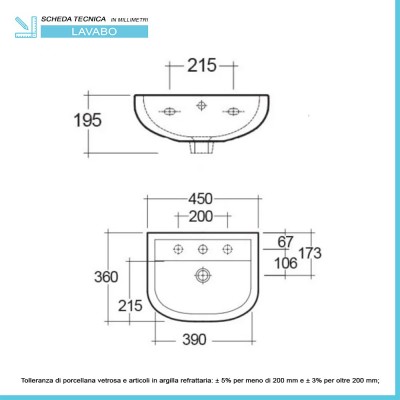 Scheda tecnica lavabo sospeso 45 cm in ceramica bianca lucida salvaspazio