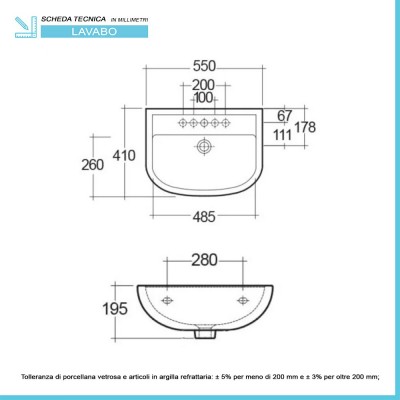 Scheda tecnica lavabo sospeso 55 cm in ceramica bianca lucida salvaspazio